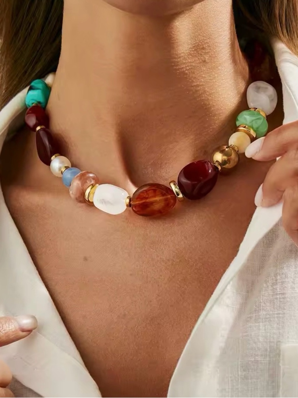 Gold Multicolor Beaded Statement Necklace - Summer Jewelry